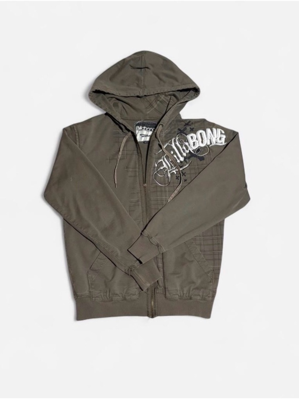 Billabong Olive Green Hooded Zip-Up Jacket with Chest Script